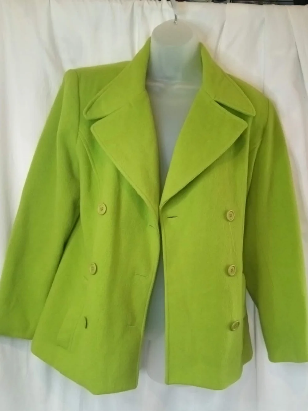 Vintage Wool Gloria Vanderbilt Bright Lime Green Double-Breasted Pea Coat Office